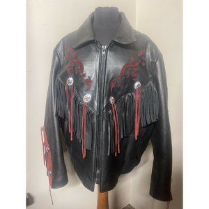 First Genuine Leather Jacket with Fringe and Red Rose Accents Women Size 16